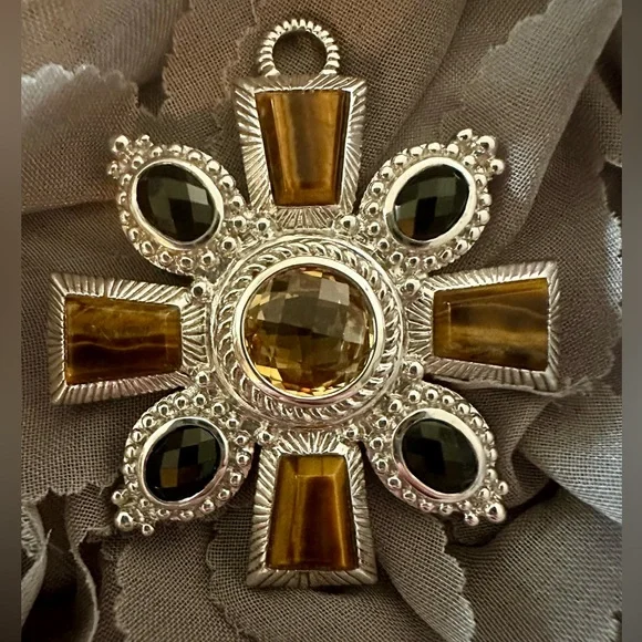 Judith Ripka Sterling Silver Citrine Tigers Eye and Onyx Pendant - Picture 3 of 7